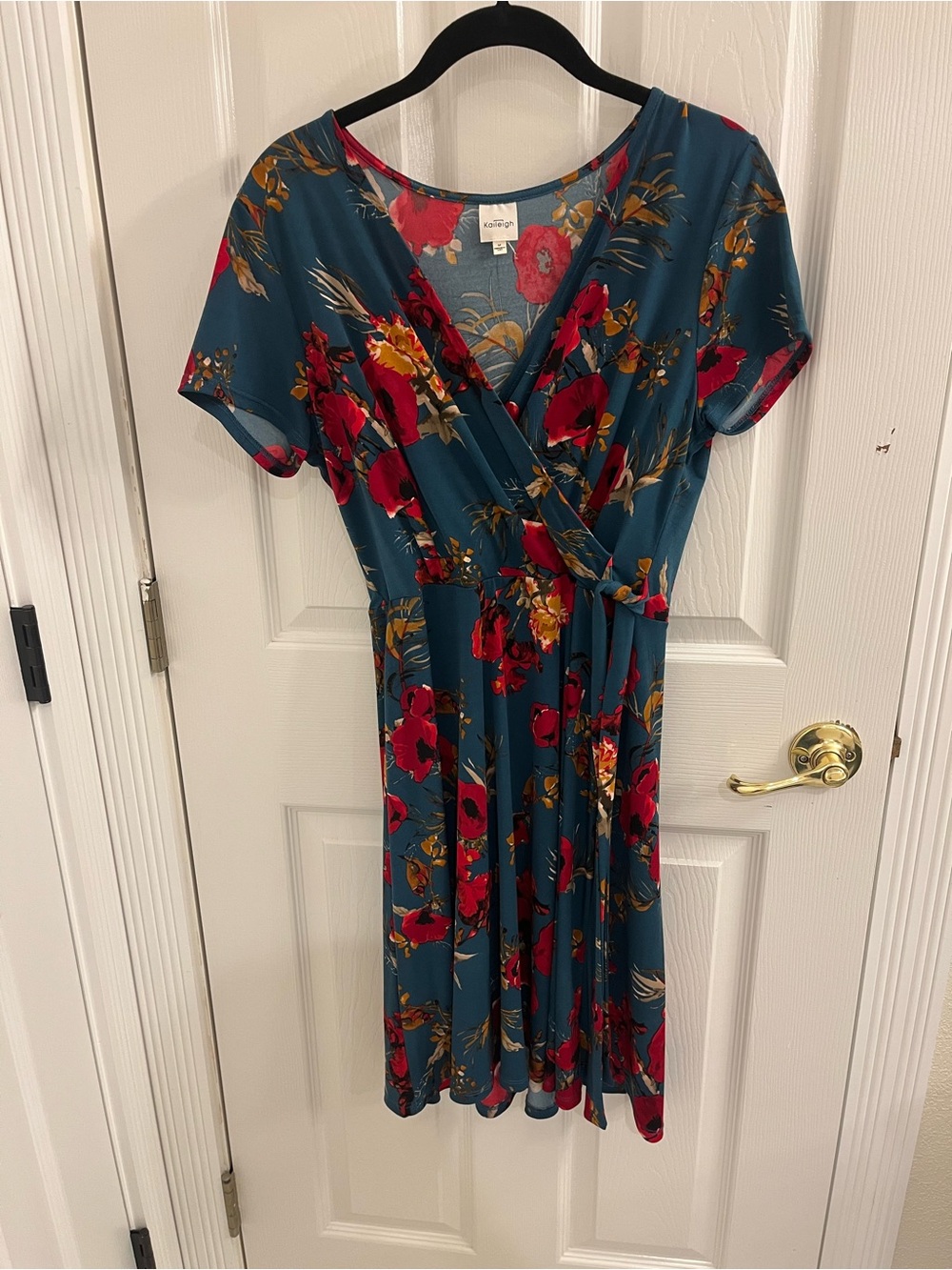Kaileigh Teal Floral Faux-Wrap Dress with Red and Gold Blooms